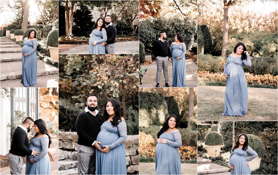 dallas arboretum couples maternity shoot wearing blue maternity gown