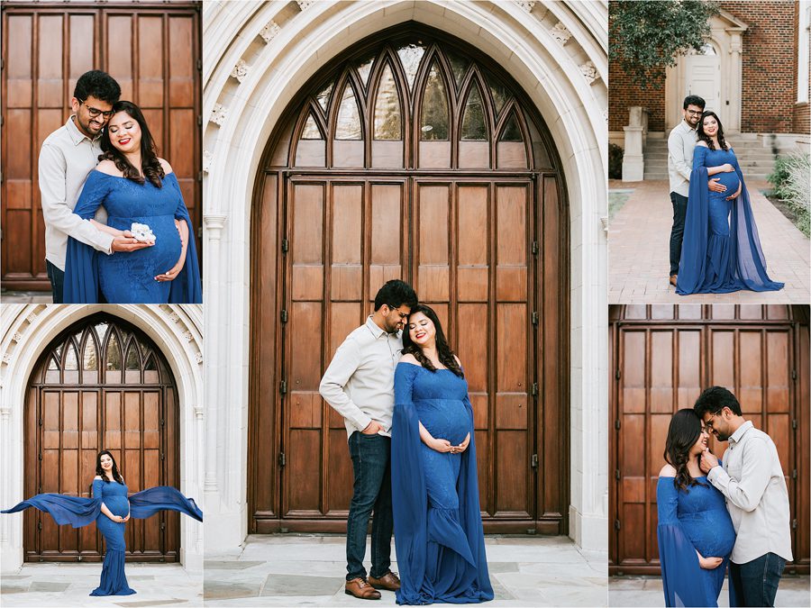 maternity husband and wife posed in front of a church door
