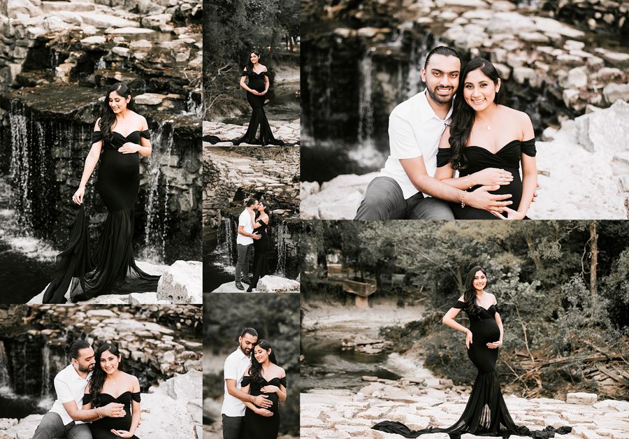 couple maternity photography near cobble stone and waterfall