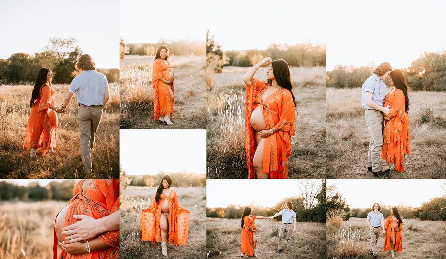golden sunset maternity couple photos in open field