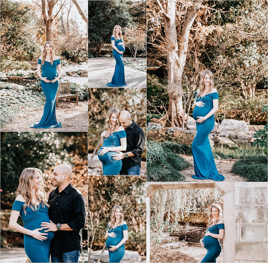 dallas arboretum maternity photo shoot wearing a teal gown