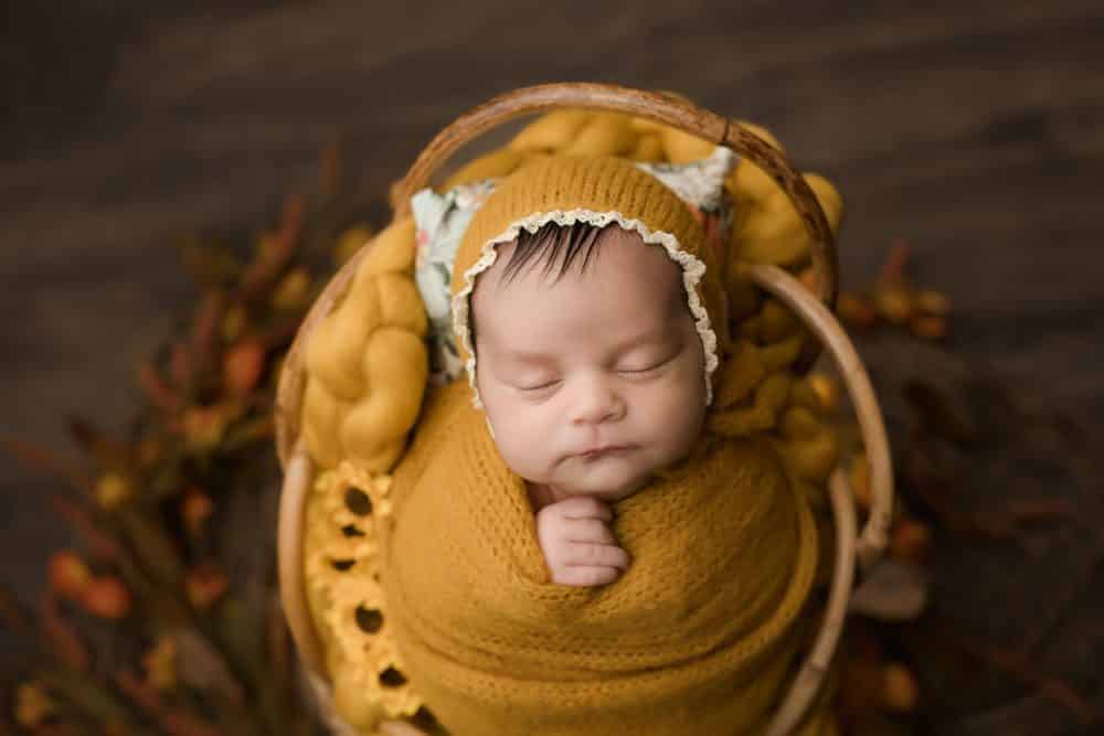 Newborn Baby Posed In A Mustard Wrap Surrounded By Sunflowers For Newborn Photographer Dallas