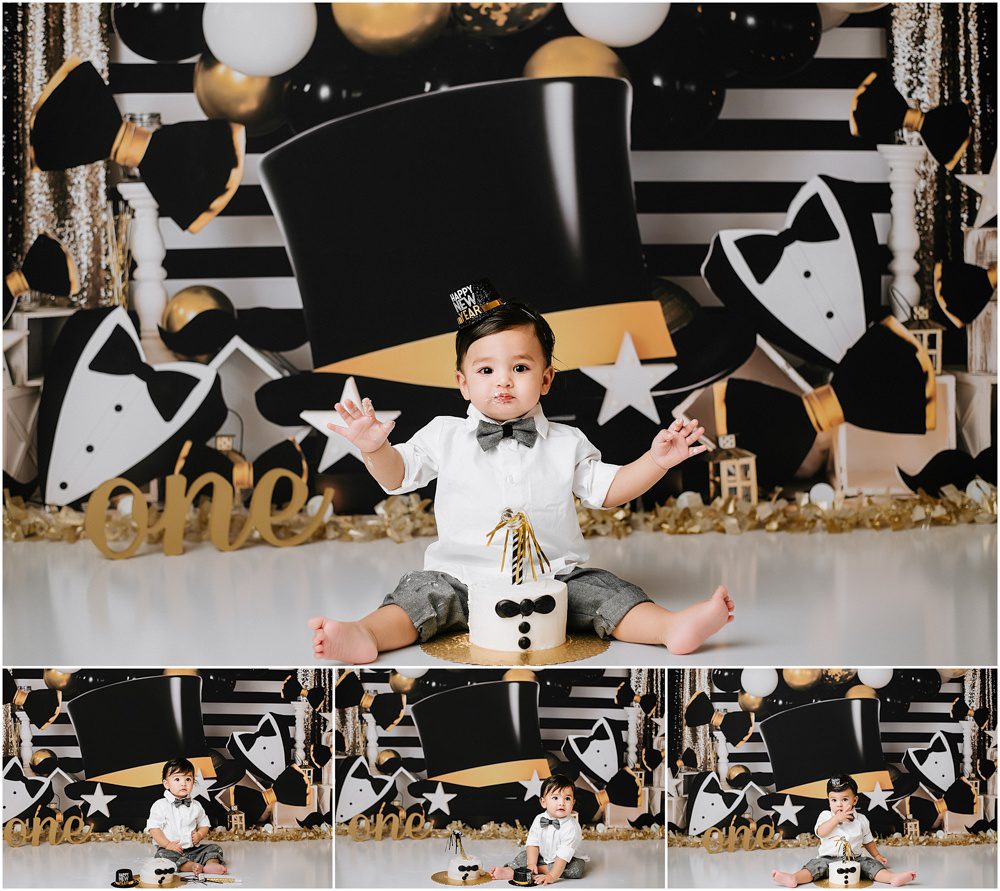 baby boy eating cake for a studio cake smash session new years eve birthday theme