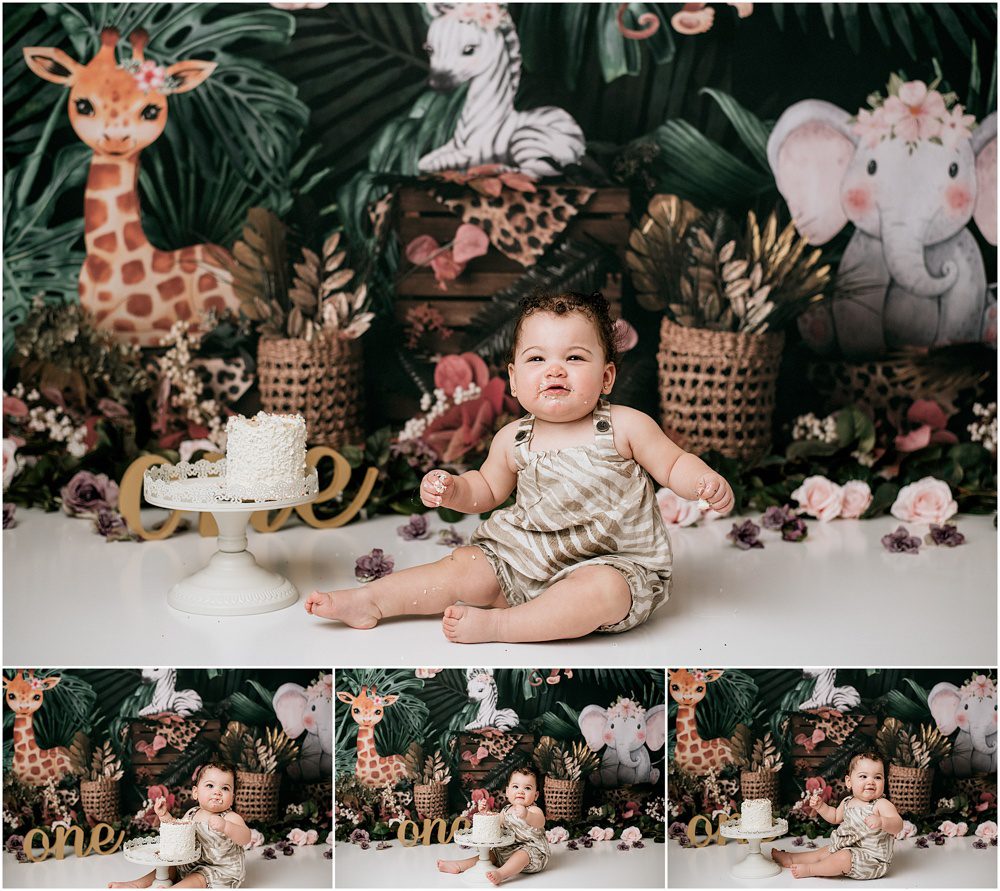 safari theme baby girl cake smash photoshoot birthday theme