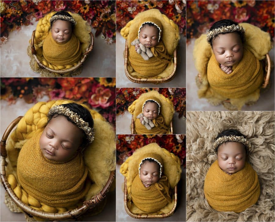 A Mini Newborn Session Captures A Series Of Photos Featuring A Sleeping Baby Wrapped In A Mustard-Colored Blanket, Adorned With A Floral Headband, Lying In A Basket And Against Various Backgrounds With Autumn Leaves.