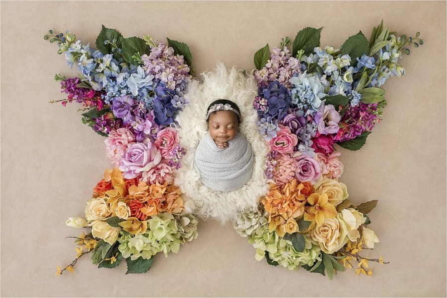 Newborn Swaddled In A Floral Composite For Dallas Newborn Photography