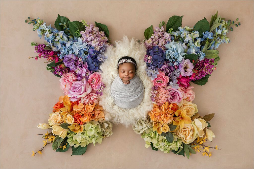 Newborn Photo Color Schemes In Dallas | Timeless Styling Ideas 4 Dallas Newborn Photographer Captures Newborn Session Of Baby Wrapped In Soft Gray Blanket, Surrounded By Vibrant Floral Butterfly Wings