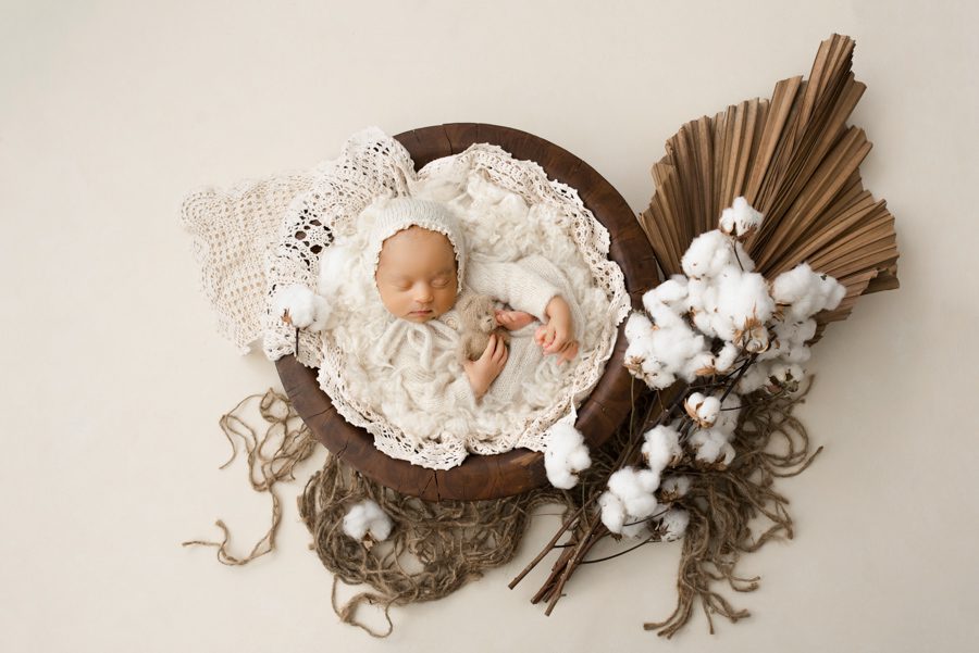 newborn baby positioned in brown bowl with ivory floral dallas newborn photography