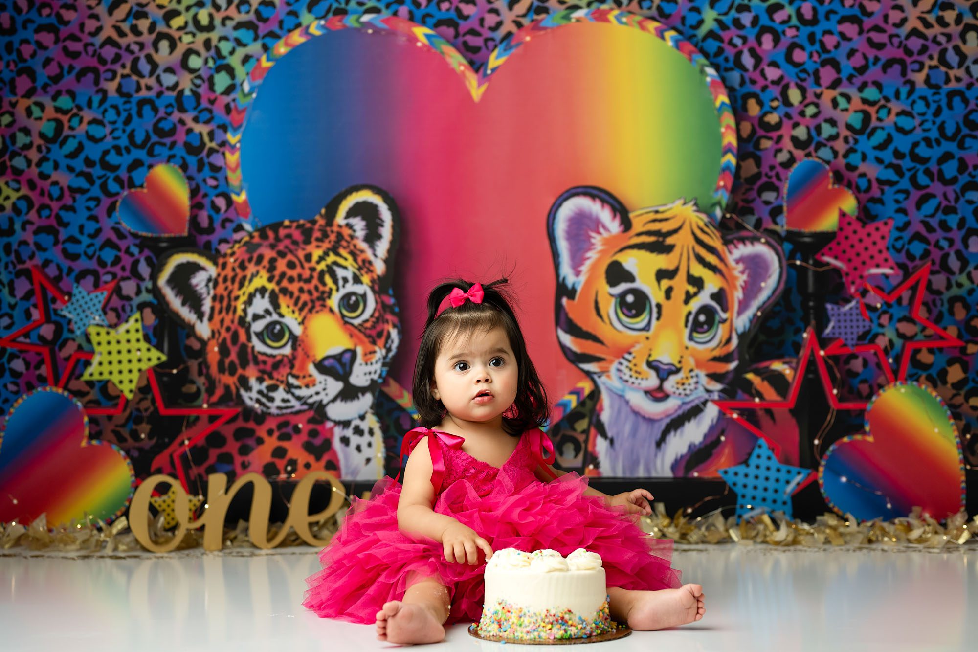 10 Creative Ideas To Make Use Of Your Cake Smash Photos 1 Cake Smash Photos Of Baby Girl In Pink Dress With Rainbow Lisa Frank Cake Smash Theme, Dallas Cake Smash Photographer