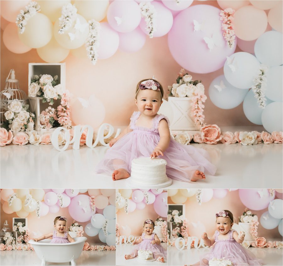 baby girl smiling at camera during a dallas cake smash photography theme