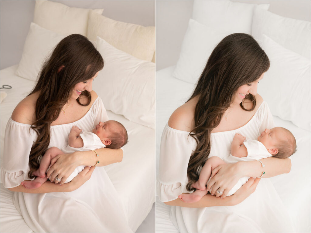 Before And After Newborn Photography Editing Showing Color Correction And Skin Retouching During A Dallas Newborn Session