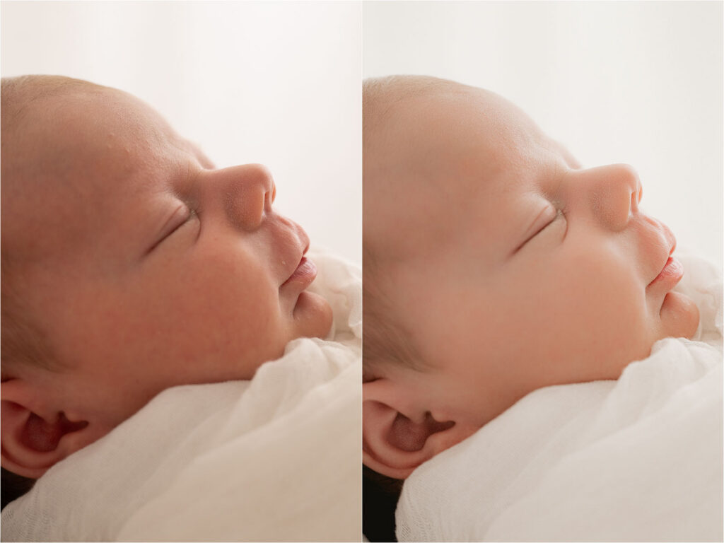 Newborn Skin Retouching Before And After Example Highlighting Gentle Editing Techniques Used In Professional Newborn Photography