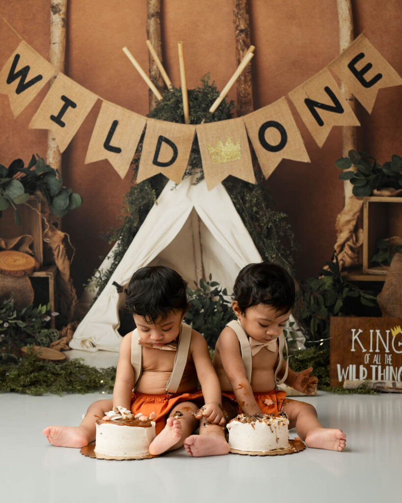 Cake Smash Photoshoot Tips For Including Siblings 12 Twin Babies Exploring Birthday Cakes During A Wild One Cake Smash Session By Dallas Cake Smash Photographer