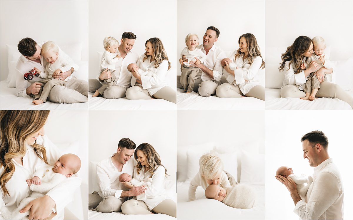 A collage of eight images showing a family in white clothing, with parents interacting lovingly with their baby and toddler in a bright, neutral-toned setting.