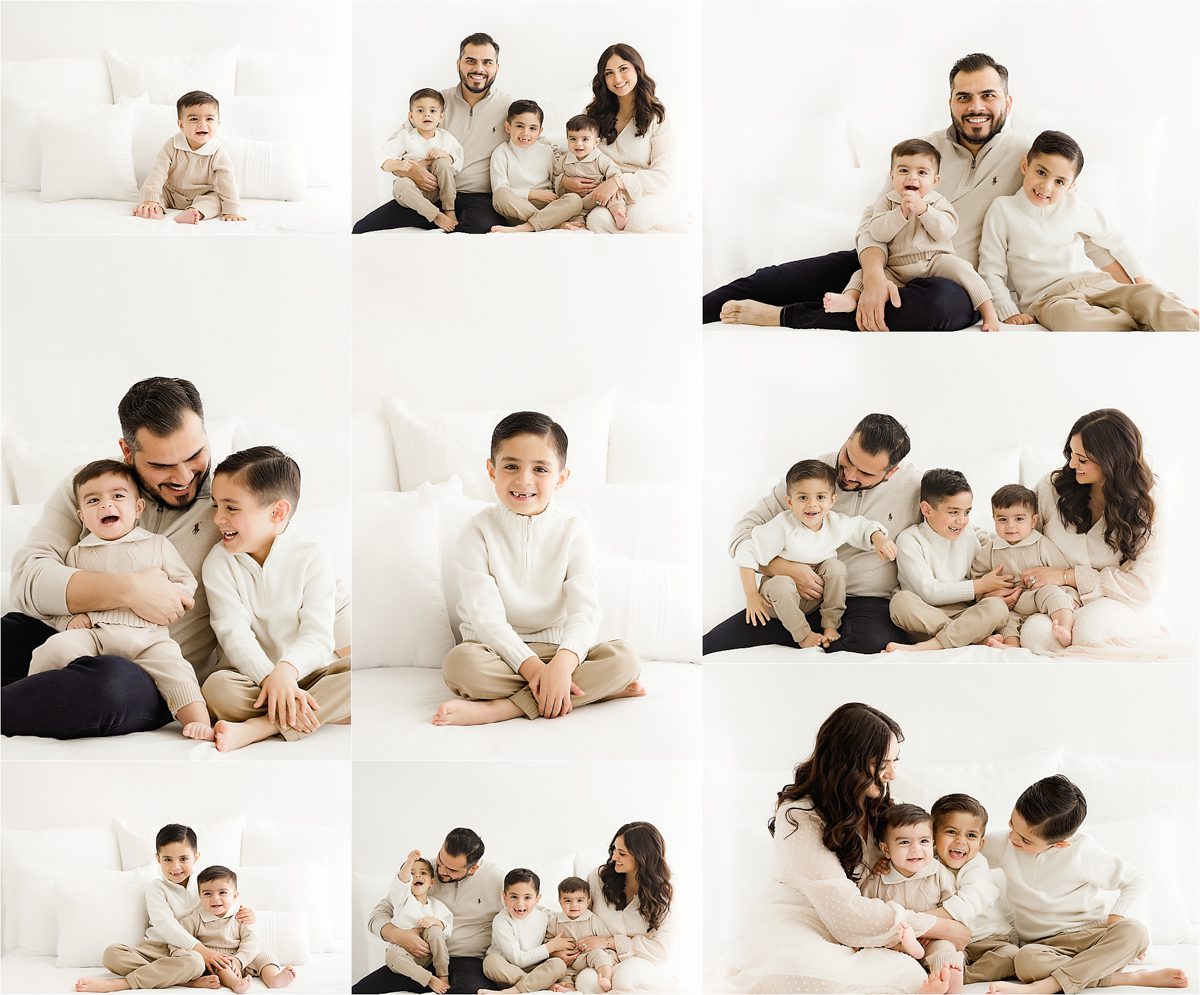 A collage of family portraits featuring two adults and three children dressed in coordinating outfits, sharing affectionate and playful moments together in a white studio setting.