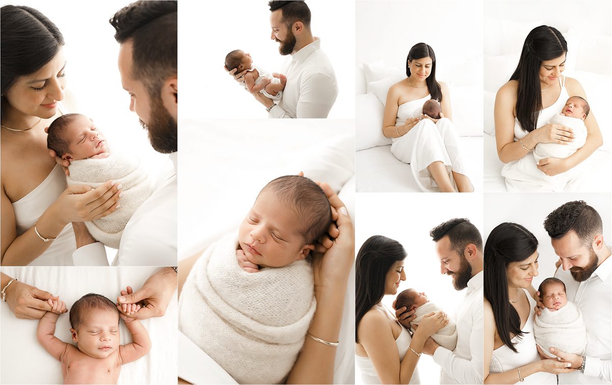 A collage of tender moments between parents and their newborn baby, showcasing affectionate interactions and the baby's peaceful rest.