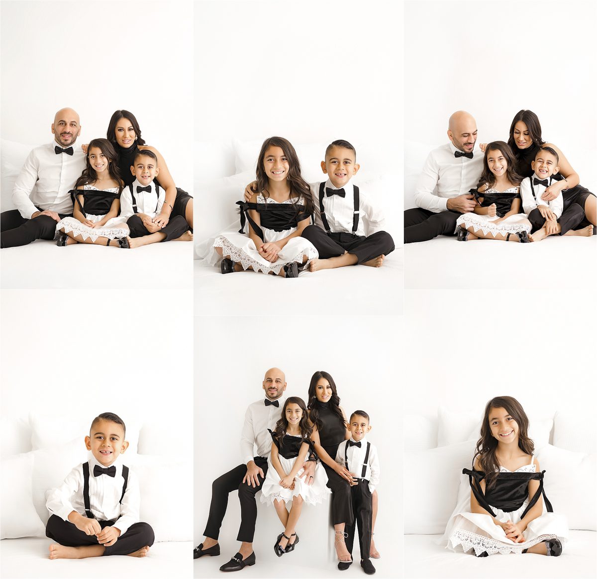 A family dressed in formal black and white attire posing together in various combinations on a white backdrop.