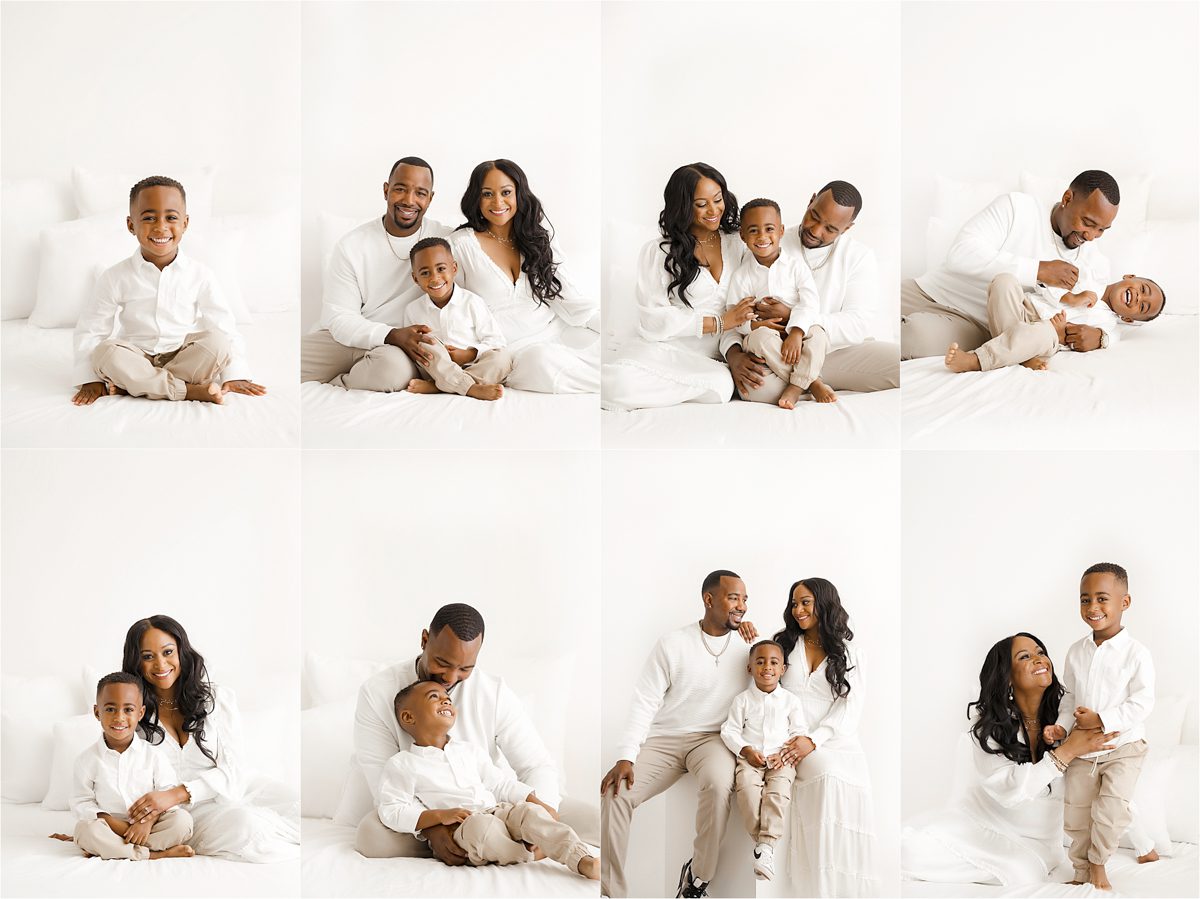 A collage of eight family portraits featuring two adults and two children dressed in white, posing together with varying expressions and interactions in a studio setting with a white background.