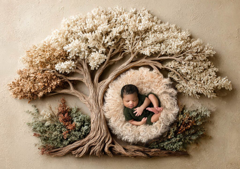 Fine Art Newborn Portrait Featuring A Sleeping Baby Nestled Inside A Handcrafted Tree Of Life Design.