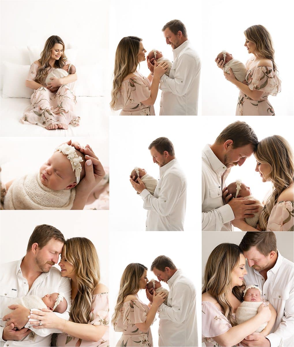 A collage of parents tenderly posed with their newborn baby for a lifestyle newborn photography session