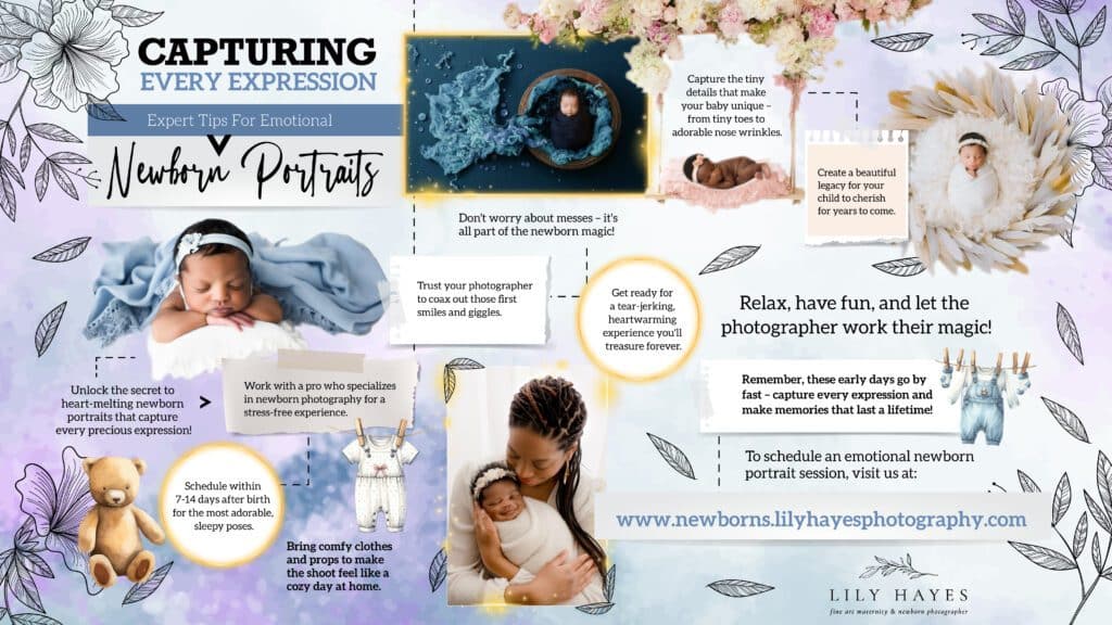 Flyer For &Quot;Emotional Newborn Portraits: Capturing Every Expression&Quot; Featuring Images Of Newborns, Expert Tips For Photography, And Contact Details For Www.newborns.lilyhayesphotography.com.