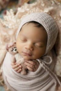 Newborn Swaddled Holding Teddy Bear Sleeping | Patience For A Newborn Photography Dallas With Dallas Newborn Photographer