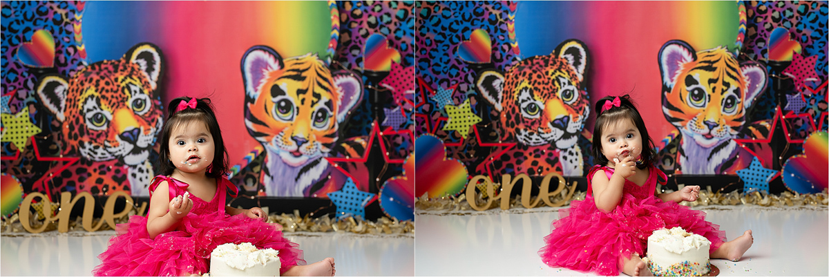 Collage Of A Baby Photos Enjoying Her Lisa Frank Cake Smash Photoshoot Theme 