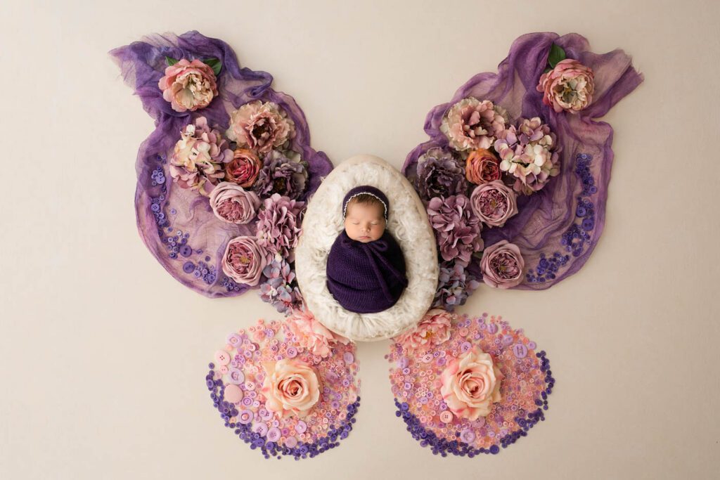 Dallas Newborn Photographer | Baby Chloe'S Newborn Session 8 Baby Girl Newborn Photography Featuring A Floral Butterfly Setup In A Dallas Newborn Studio