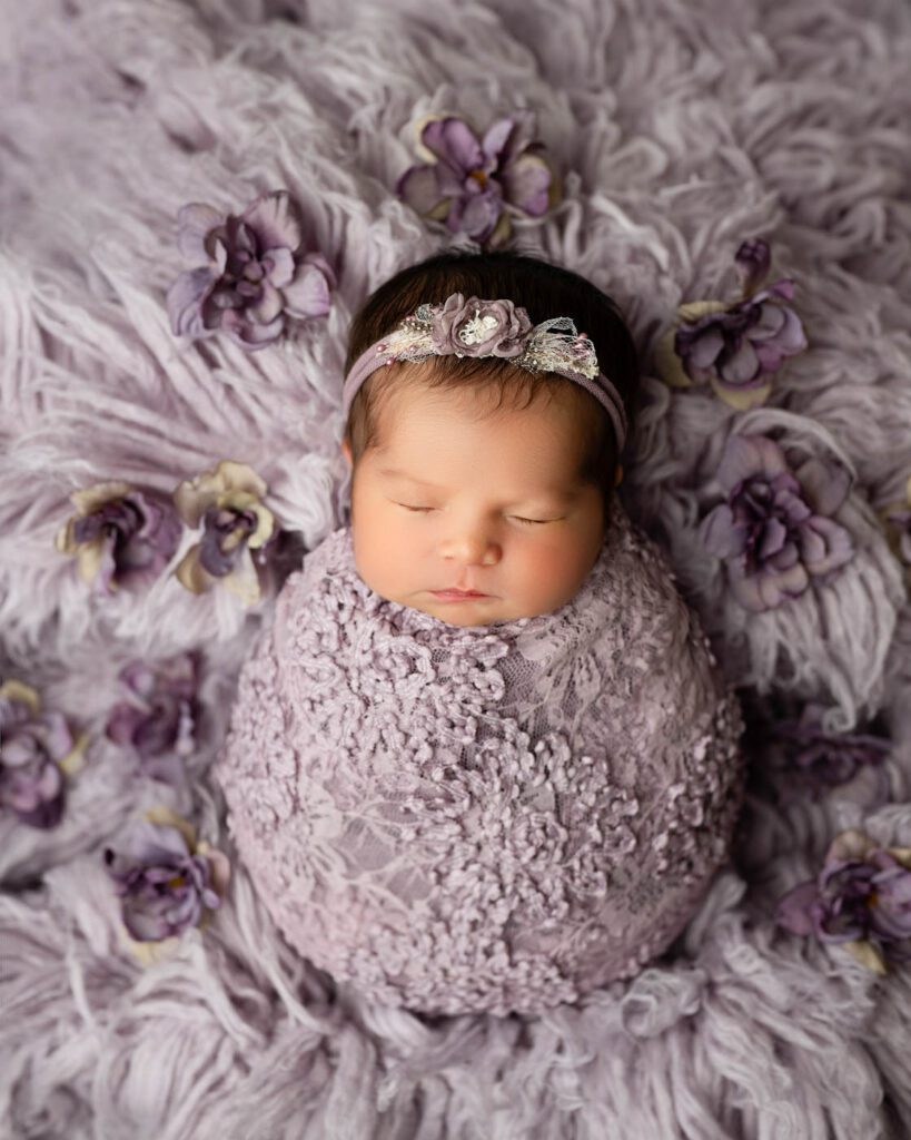 Dallas Newborn Photographer | Baby Chloe'S Newborn Session 13 Newborn Photographer In Dallas Captured Sleeping Baby Girl Surrounded By Soft Purple Textures