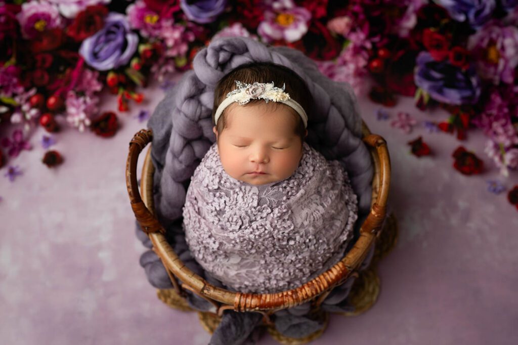 Dallas Newborn Photographer | Baby Chloe'S Newborn Session 12 Wrapped Newborn Baby Girl Sleeping Peacefully In A Basket During A Rowlett Newborn Photoshoot