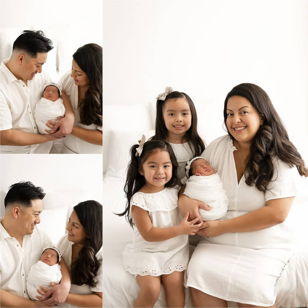 A Family With Two Daughters And A Newborn Baby, Captured In Dallas Newborn Photography. The Parents And Older Daughters Are Wearing White, With The Youngest Daughter Seated On Her Mother'S Lap And The Newborn Wrapped In A White Blanket, Perfect For Dallas Tx Lifestyle Photography.