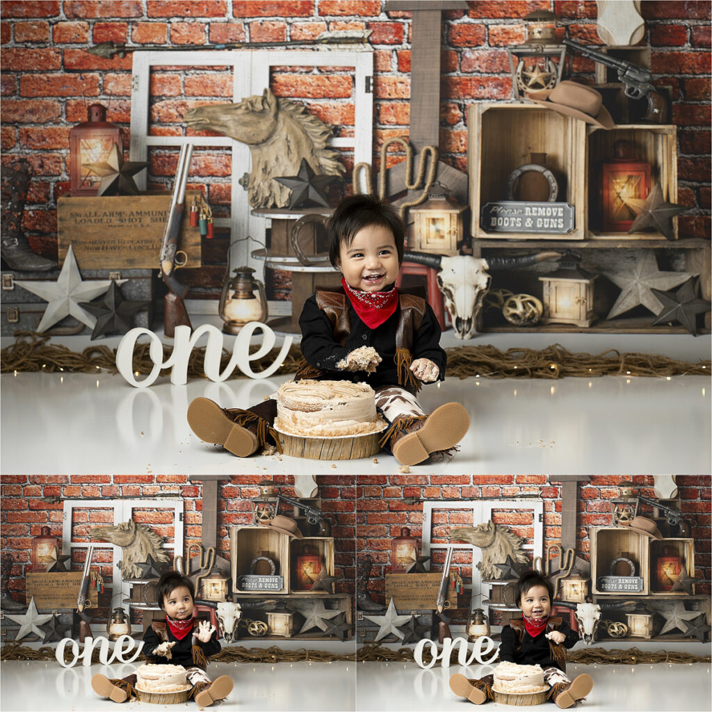 Baby Sitting On Floor Eating Cake For His Cowboy Theme Cake Smash Photoshoot With Dfw Cake Smash Photographer