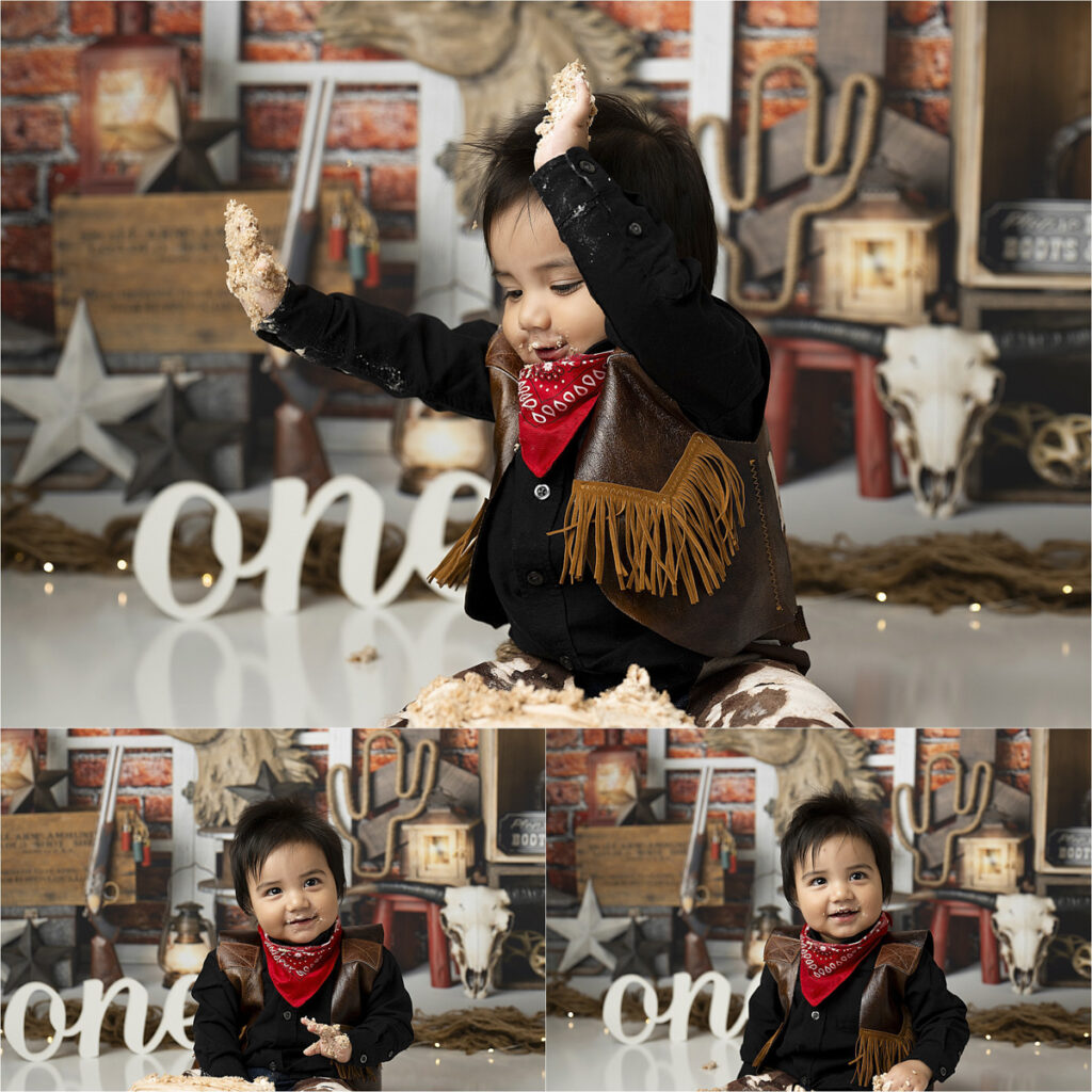 A Toddler Dressed In Cowboy Attire Celebrates A First Birthday Surrounded By Western-Themed Decorations, Including A Sign Displaying &Quot;One.&Quot; Captured By A Talented Dfw Cake Smash Photographer, The Cowboy Cake Smash Scene Is Both Adorable And Memorable.