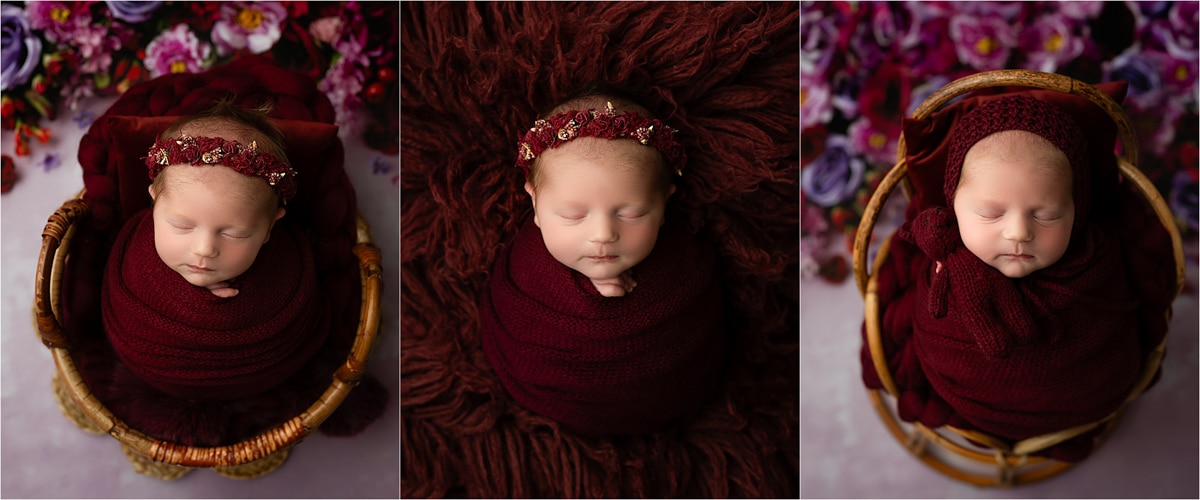 Triptych Of A Sleeping Infant Swaddled In Burgundy Blankets, With Floral Headbands, And Placed In Different Woven Baskets Against Floral Backgrounds. Perfect For Newborn Photography Enthusiasts In Dallas Looking To Capture These Precious Moments With The Best Lens.