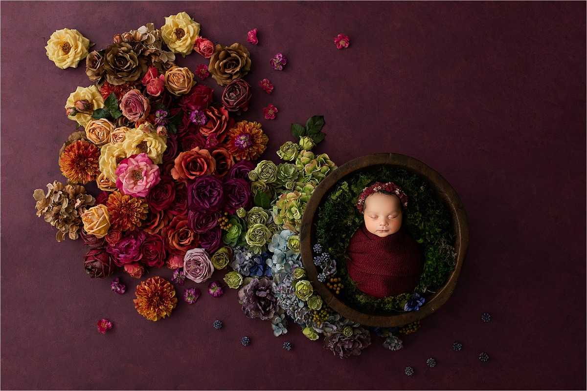 A Sleeping Baby Wrapped In A Maroon Blanket Is Nestled In A Wooden Bowl Surrounded By A Variety Of Colorful Flowers On A Maroon Background, Captured Beautifully By Newborn Photography In Dallas Tx.