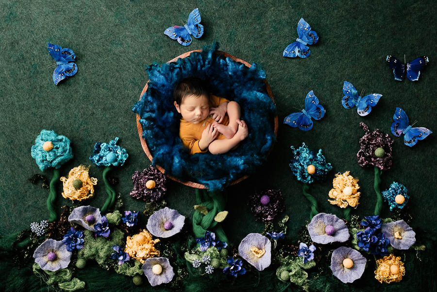 Booking A Dallas Newborn Photographer: What Every Parent Should Know 17 Luxury Newborn Photography Setup With Blue Floral Styling In Dallas Studio