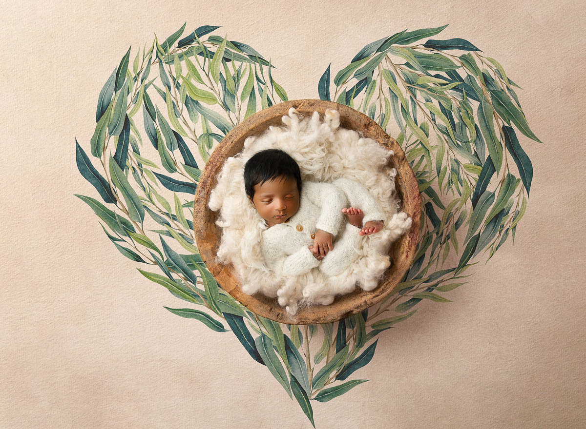Baby Posed In A Wooden Bowl With Neutral Tones And Soft Textured Layers