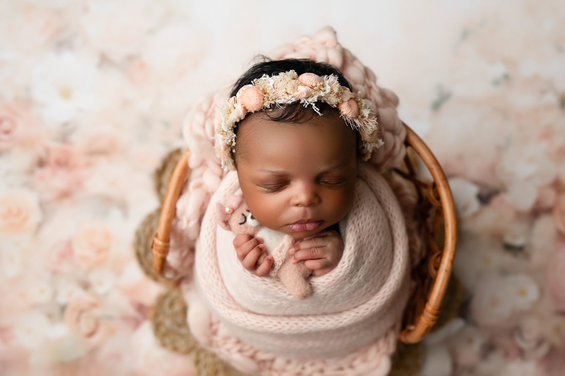 Sleeping Newborn Baby Holding Small Teddy Bear For Dallas Baby Photographer