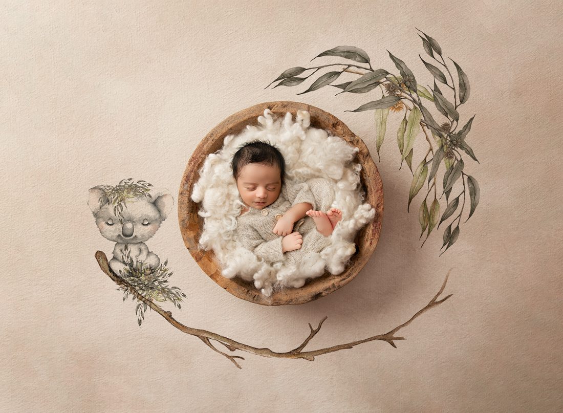 Newborn Nestled In A Wool-Filled Wooden Bowl For Dfw Newborn Photography