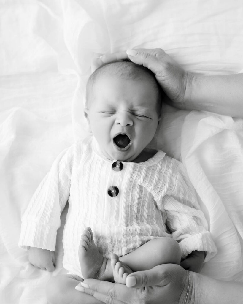 Yawning Newborn Baby Portrait During Lifestyle Newborn Photography Session In Dallas