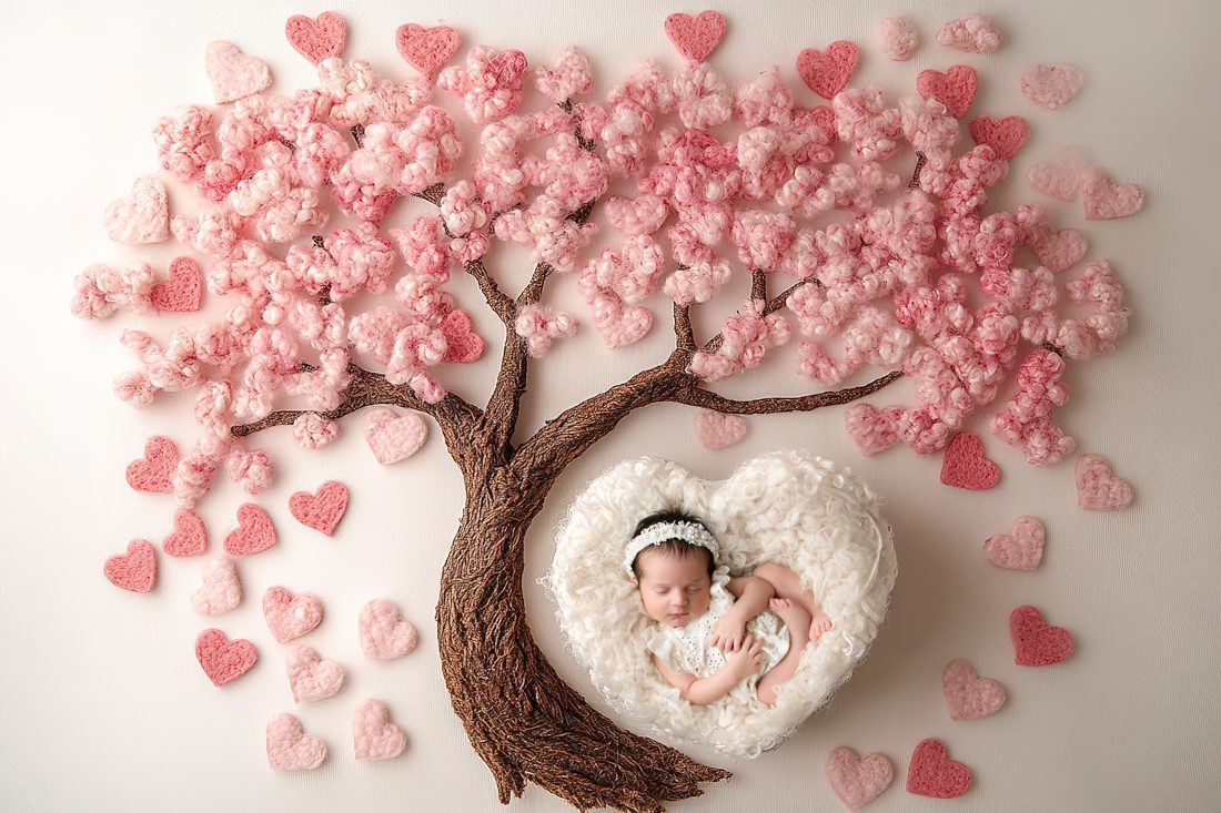 newborn sleeps in a heart shaped blanket under a tree made of pink and brown heart decorations scattered around for dallas newborn photographer