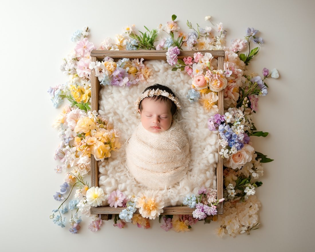 Newborn Wrapped In A Cream Blanket Surrounded By Pastel Flowers For Dallas Newborn Photography