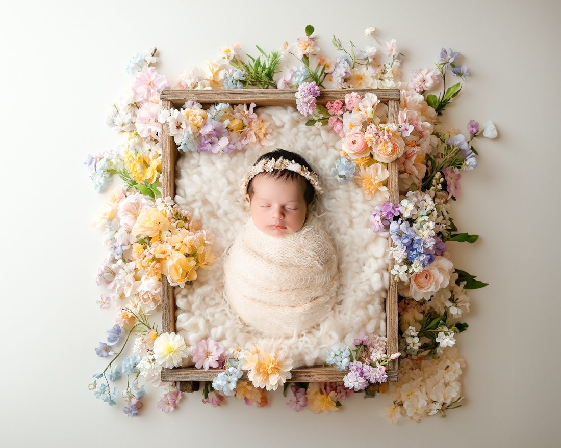 A Newborn Baby Wrapped In A Cream Blanket Is Sleeping Inside A Wooden Frame, Surrounded By Pastel Flowers—A Serene Scene Perfect For A Newborn Photography Mini Session.