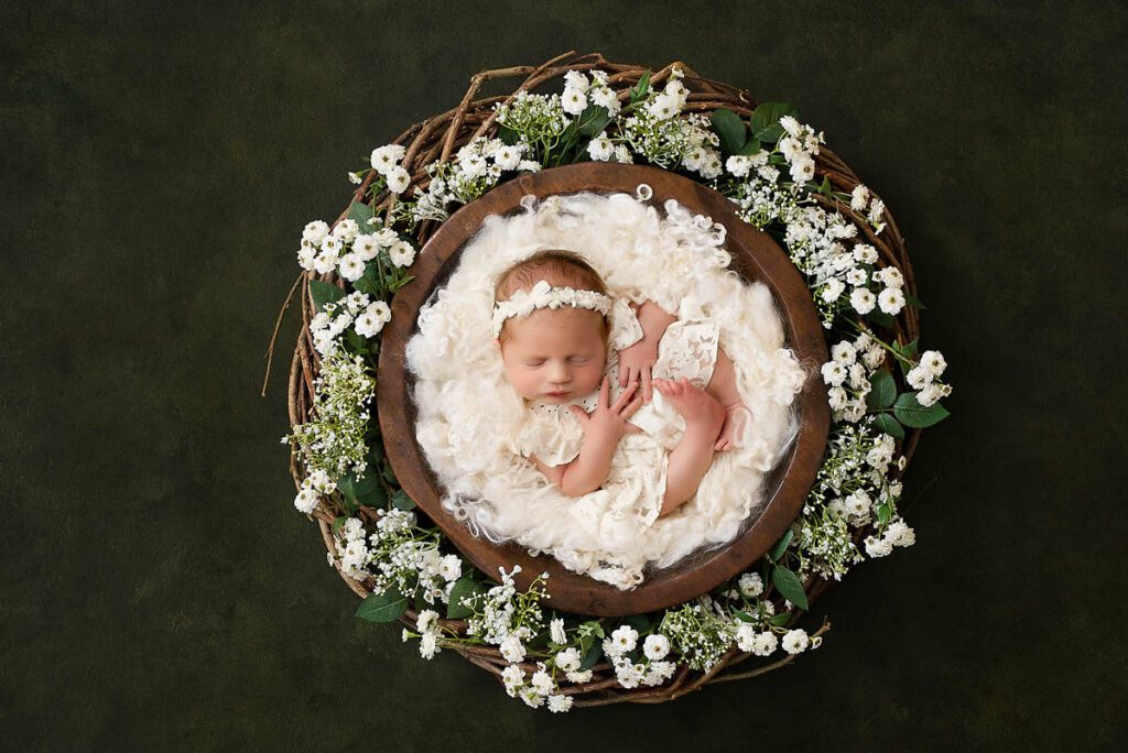 Mini Vs Full Newborn Sessions: What’s The Difference &Amp; Which Is Right For You? 11 Newborn Baby Posed In Bowl With Floral Wreath Setup Dallas Newborn Photographer