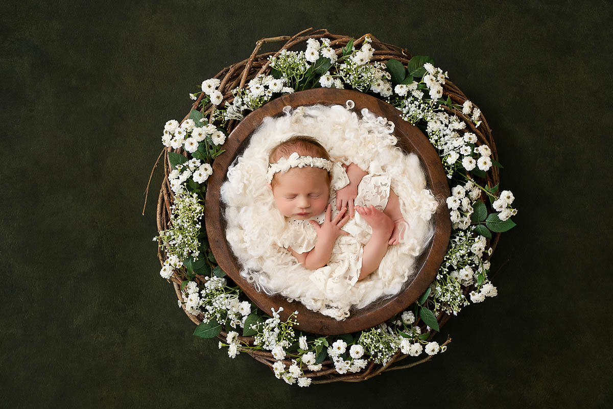 Newborn Baby Posed In Bowl With Floral Wreath Setup Dallas Newborn Photographer