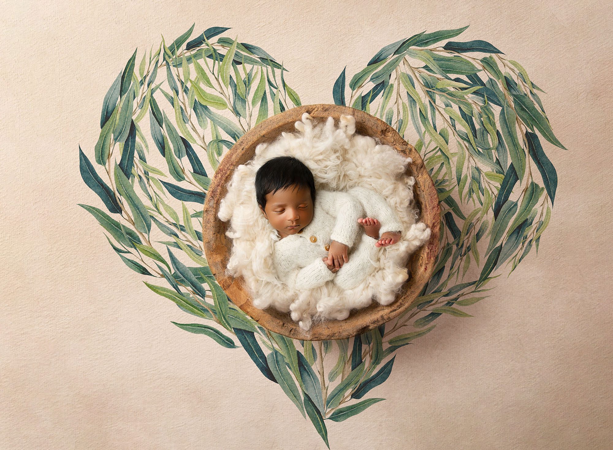 Affordable Dallas Newborn Photograper – Baby Sleeping In Heart Design With Greenery