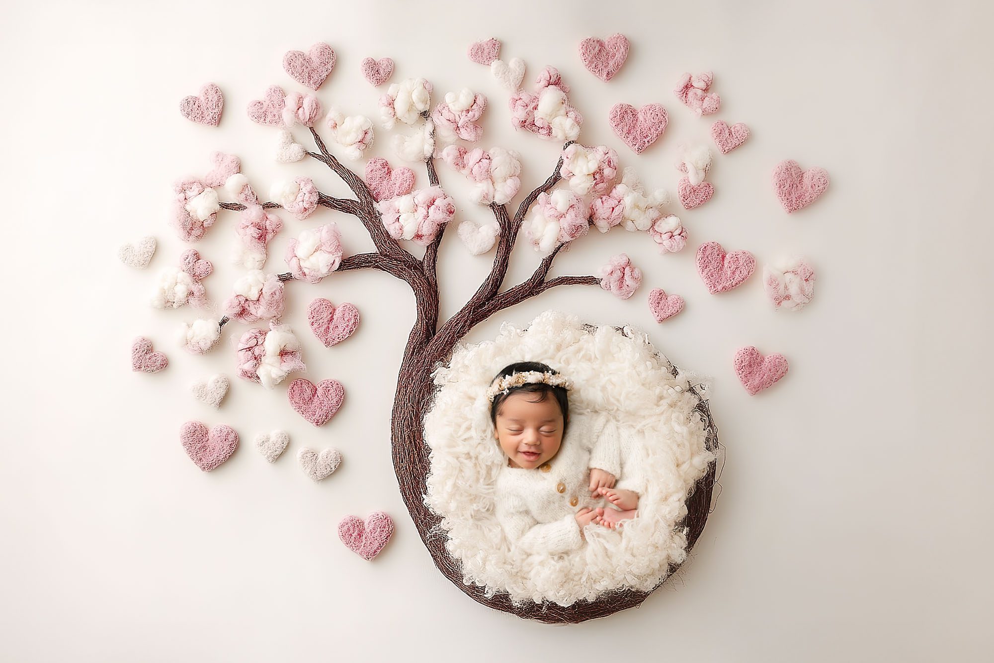 Smiling Newborn Baby In White Outfit Under Cherry Blossom Heart Tree Design | Best Lens For Newborn Photography In Dallas