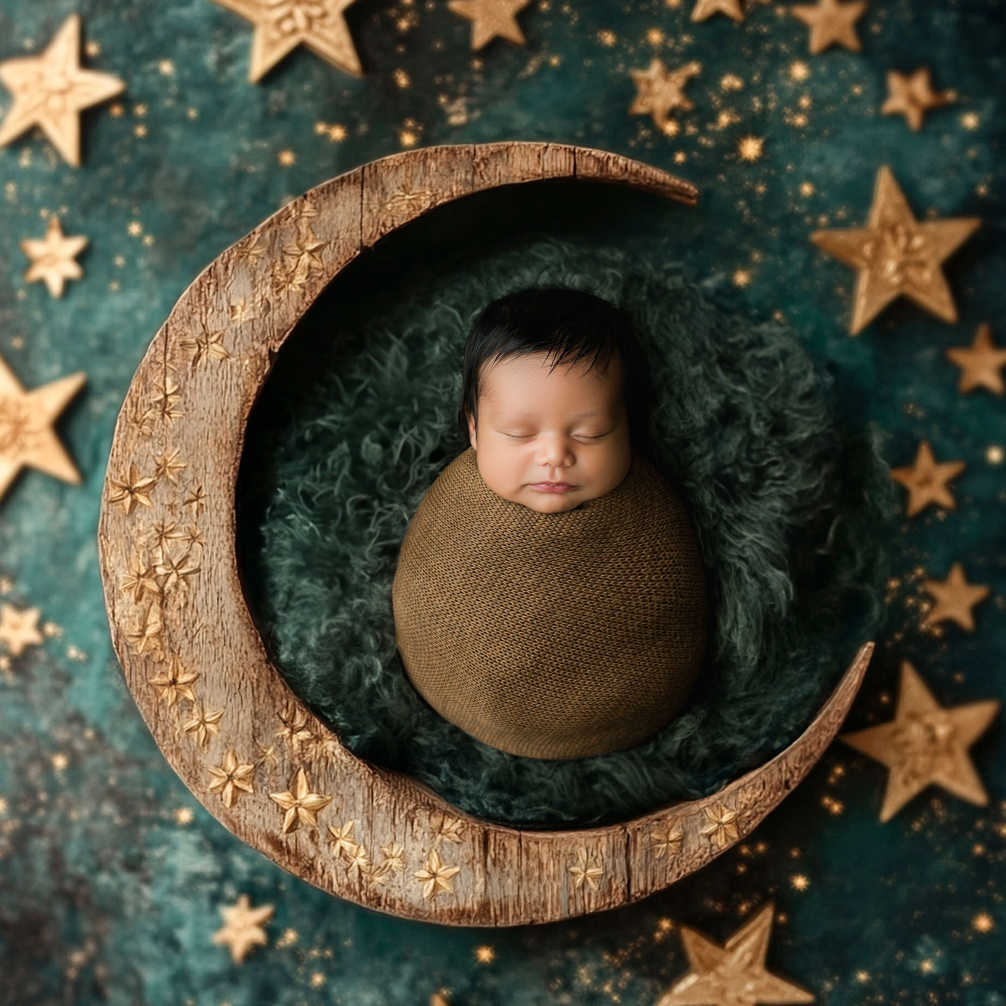 Newborn Details | Important To Capture Tiny Fingers &Amp; Toes 1 Newborn Details Of Baby Wrapped In Brown Swaddle Sleeping On Crescent Moon With Golden Stars | Dallas Newborn Photography
