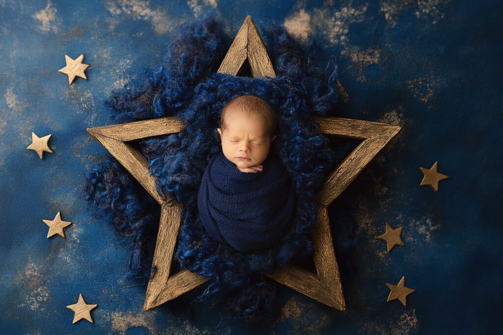 Newborn Photo Color Schemes In Dallas | Timeless Styling Ideas 6 Dallas Newborn Photography Captures Baby Swaddled In Navy Blue Wrap Posed In Golden Star