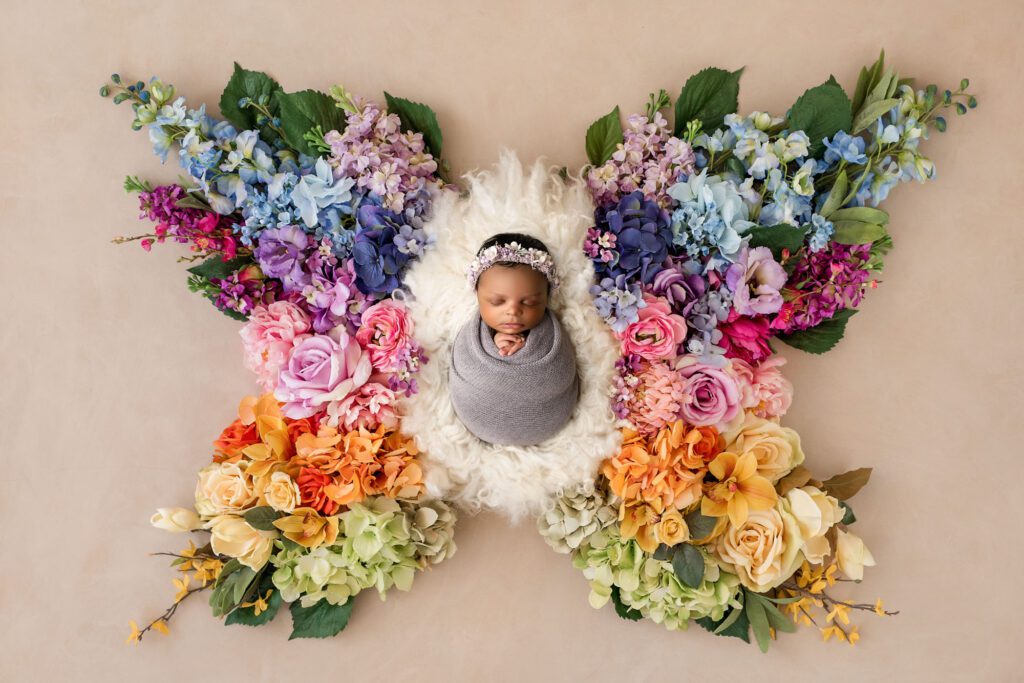 Creative Infant Newborn Photography Pricing In Dallas With Baby Posed In Floral Butterfly Arrangement